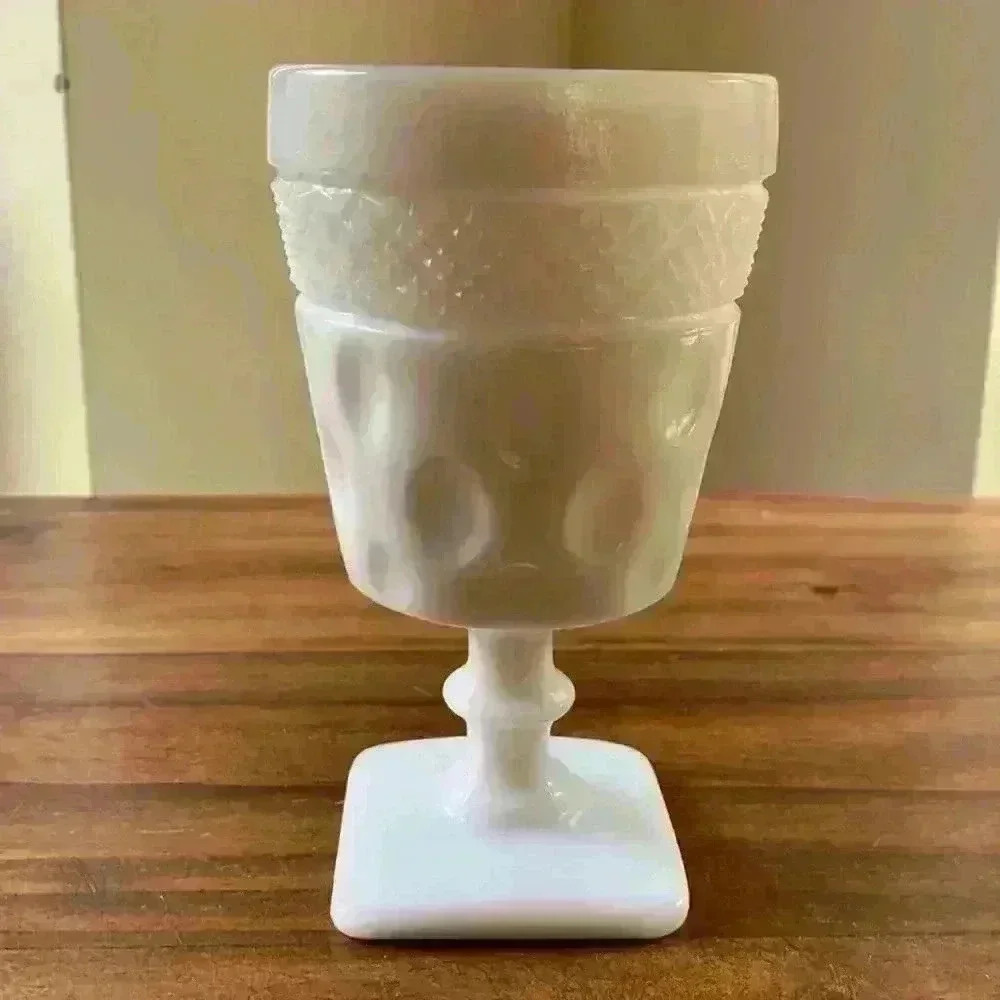Vintage McKee Opal Milk Glass Pedestal Vase Pattern is Crosshatch & Dot Design